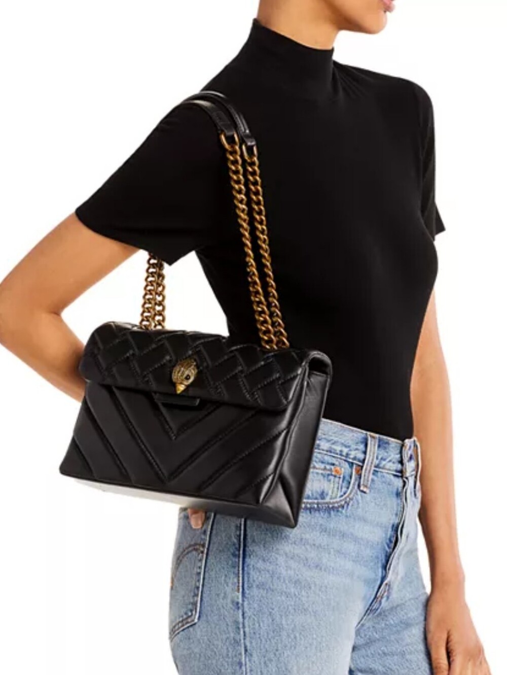 Kurt Geiger Kensington Black  Quilted Shoulder Bag Gold Chain Strap